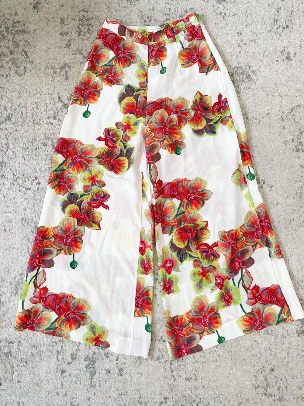 Ala Von Auersperg Red Ranunculus Floral Silk Wide Let Pants